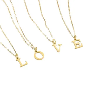 Set of four gold-plated stainless steel initial necklaces spelling LOVE on white background