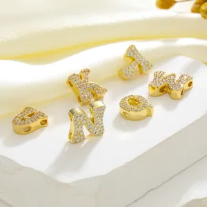 Gold plated alphabet charms with cubic zirconia inlay for DIY jewelry necklaces