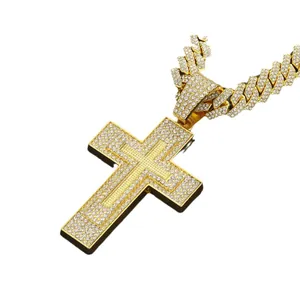 Hip-Hop Gold Doppelkreuz-Anhänger mit eisiger Kubanischer Gliederkette für Herren