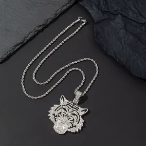 Hip Hop Tiger Head Pendant Necklace Iced Out Rhinestone Alloy Animal Charm With Rope Chain For Men Women Streetwear Jewelry