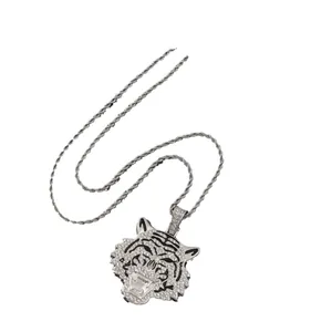 Hip hop silver tiger head pendant necklace with full rhinestones on twisted rope chain