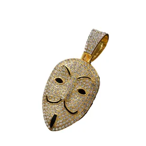 Pendentif masque V pour Vendetta plaqué or avec strass blancs brillants style Hip Hop