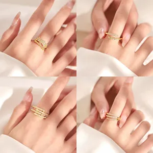 Chic 18K gold plated copper rings with sparkling zircon pavé in multi-layer geometric style