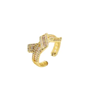 18K gold plated copper ribbon ring with baguette zircon stones and adjustable open band