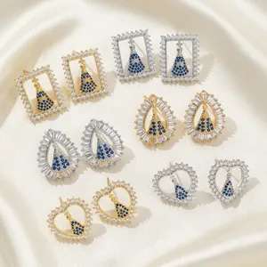 Boucles d'Oreilles Clous Religieux Cuivre Zirconium Cœur Goutte Carré Or Argent Plaqué Bleu Saphir Vierge Marie Bijoux
