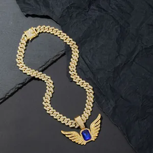 Hip Hop Angel Wings Pendant Necklace For Men Women Zinc Alloy Blue Zirconia Rhinestone Iced Out Cuban Rope Chain Jewelry