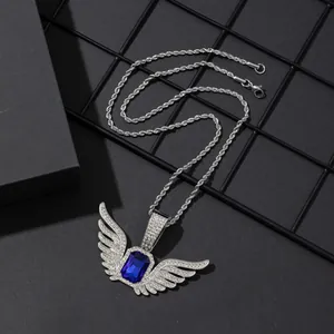Hip hop style silver angel wings necklace with blue gemstone and micro paved diamonds