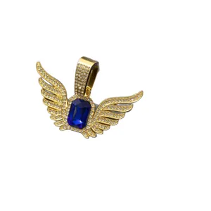 Golden angel wing necklace with blue rectangle gemstone and micro-pave crystals