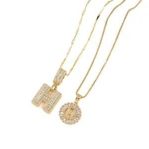 Gold H-initial pendant necklaces with full zircon micro-paving on a rope chain