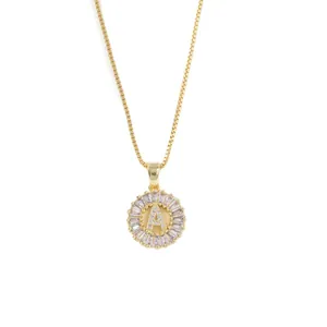 Gold plated round letter A initial necklace with crystal baguettes and box chain
