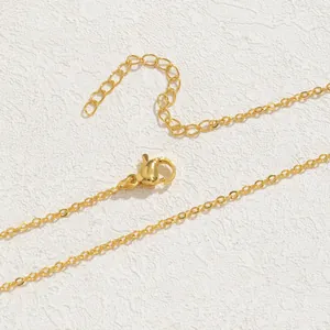 Detailed close-up of a gold-plated necklace featuring a lobster clasp and extender chain