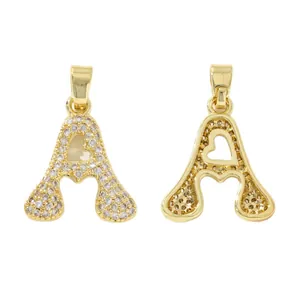 Gold letter A heart pendant necklace with shimmering cubic zirconia micro-pave setting