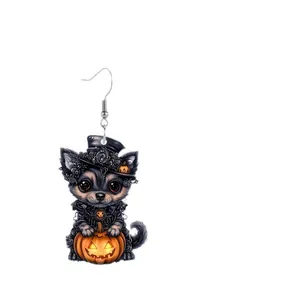 Schattige Halloween hond met pompoenhoed acryl hanger oorbellen voor feestelijke stijl