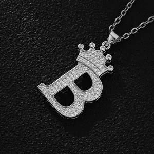 Hip hop silver crown letter B pendant necklace with sparkling cubic zirconia inlay