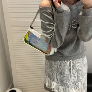 Sac à épaule en similicuir blanc avec panneau transparent holographique pour femme
