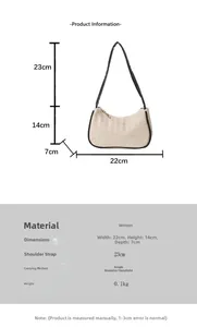 Detailed size chart showing beige woven shoulder bag dimensions 22x14x7cm and 0.1kg weight