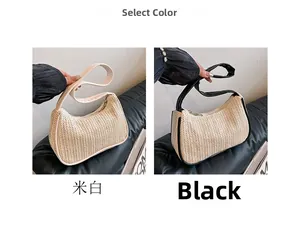 Detail view of woven crescent shoulder bags in cream beige and black leather trim