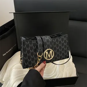 Women's Vintage Letter Print PU Leather Underarm Bag With Gold M Metal Buckle And Chain Strap Minimalist Small Shoulder Bag