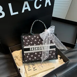 Women Fashion PU Leather Tote Bag With Bowknot Print And Lace Ribbon Large Capacity Sweet Casual Commute Top Handle Bag