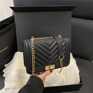 Women V-Shaped Quilted PU Leather Shoulder Bag Fashion Gold Chain Crossbody Bag With Square Metal Lock Flap Square Bag