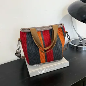 Sac à Main pour Femme Rayé en Toile Grande Capacité Couleur Contrastée Sac Fourre-Tout Avec Bandoulière Réglable Sac de Shopping Rétro
