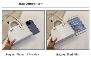 Size comparison of white croc-embossed shell bag with iPhone and iPad mini
