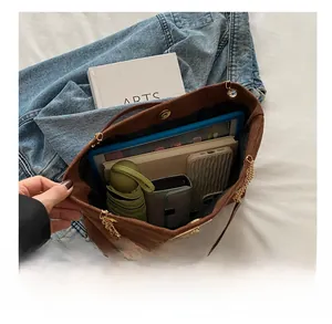 Top view of brown corduroy tote bag showing large capacity for tablet and daily items