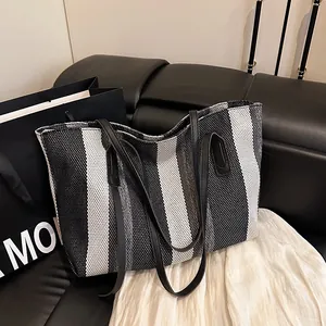 Fashion Vertical Striped Canvas Tote Bag Large Capacity Women Casual Shoulder Bag Minimalist Commuting Handle Bag