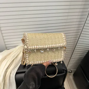 Women Bohemian Straw Woven Shoulder Bag Shell Tassel Decor Flap Messenger Bag Summer Beach Resort Fashion Square Bag