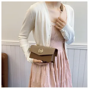 Detail of a brown square bag with golden M metal buckle and elegant chain strap