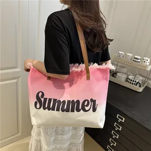 Sac cabas en toile dégradé rose avec broderie Summer, bordure frangée et anses en cuir