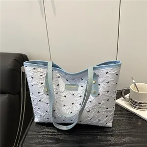 Borsa Tote Donna Chic Stampa Fiocco in Seersucker Trapuntata Texture a Bolle Sottobraccio Borsa a Tracolla Grande Capacità Pendolare Quotidiana