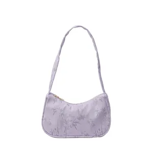 Chic light purple hobo shoulder bag with gray bamboo leaf prints and zipper closure