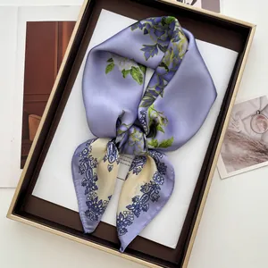 Carré de Soie Élégant Imprimé Floral Pivoine Violet Lavande Rétro Français Foulard Femme Bandana Mouchoir de Cou