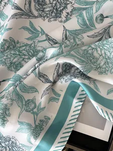 Detail of silk scarf showing vintage floral patterns and turquoise stripes