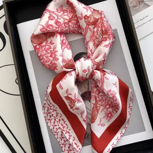 French Style Satin Floral Square Scarf Elegant Botanical Bird Print Hair Band Bag Accessory Decorative Neck Wrap For Women