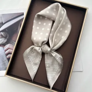 Champagne silk satin scarf with white polka dot pattern in a premium gift display box