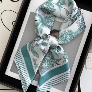 Elegant floral silk-feel scarf with teal peony patterns and stripes on a black frame
