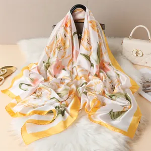 Women Elegant Satin Scarf Floral Print Large Shawl Wrap Silk Feeling Tulip Lily Pattern Lightweight Fashion Hair Scarf Gift Accessories