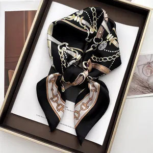 Vintage Satin Square Scarf For Women Chain Leather Belt Equestrian Print Professional Business Neck Scarf Chic Bag Tie Accessory