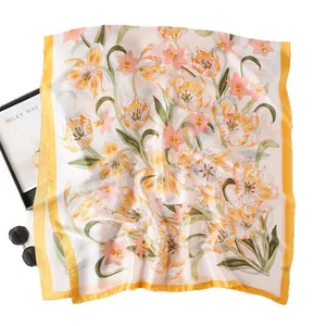Elegant satin square scarf with colorful tulip patterns and yellow borders for women