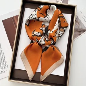 French Retro Magnolia Floral Print Satin Square Scarf For Women Elegant Silk Like Neck Scarf Shawl Hair Band Head Wrap