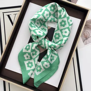 Women's Light Green Checkered Floral Satin Square Scarf Elegant Silk Feeling Fashion Head Scarf Neck Wrap Accessory
