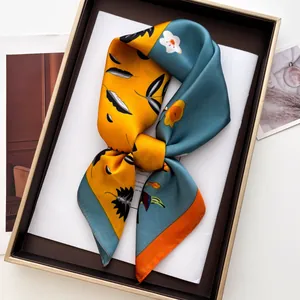 Women Vintage Floral Print Satin Square Scarf Bohemian Silk Feel Headscarf Chic Neck Kerchief Sun Protection Daily Accessory