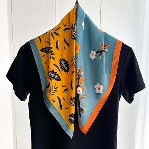 70cm vintage square silk scarf with floral print and mustard yellow color contrast