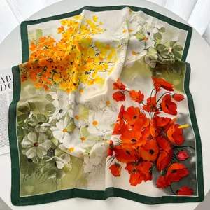 Floral print Georgette scarf with vibrant yellow and red flowers and green borders