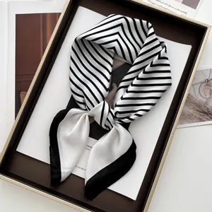 Minimalist Black White Striped Satin Square Scarf For Women Elegant Geometric Printed Neck Scarf Fashion Headband Neckerchief