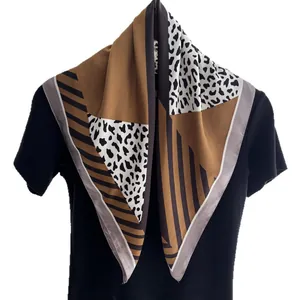 Elegant geometric leopard print satin silk square neck scarf for professional women outfits