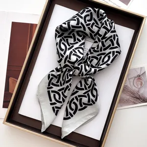 Geometrisches Ineinandergreifendes Muster Satin Quadratisches Tuch Für Damen Elegant Schwarz Weiß Silber Seidig Schal Accessoires