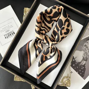 Vintage Leopard Print Satin Square Scarf For Women Fashion Hair Band Silk Texture Neck Head Scarf Elegant Wrap Accessory